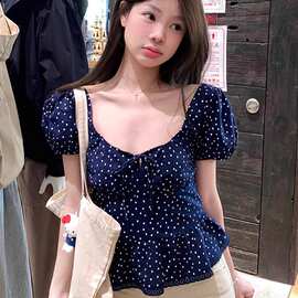 zj824韩系复古蓝色波点泡泡袖方领衬衫女夏季bm系带收腰显瘦短袖