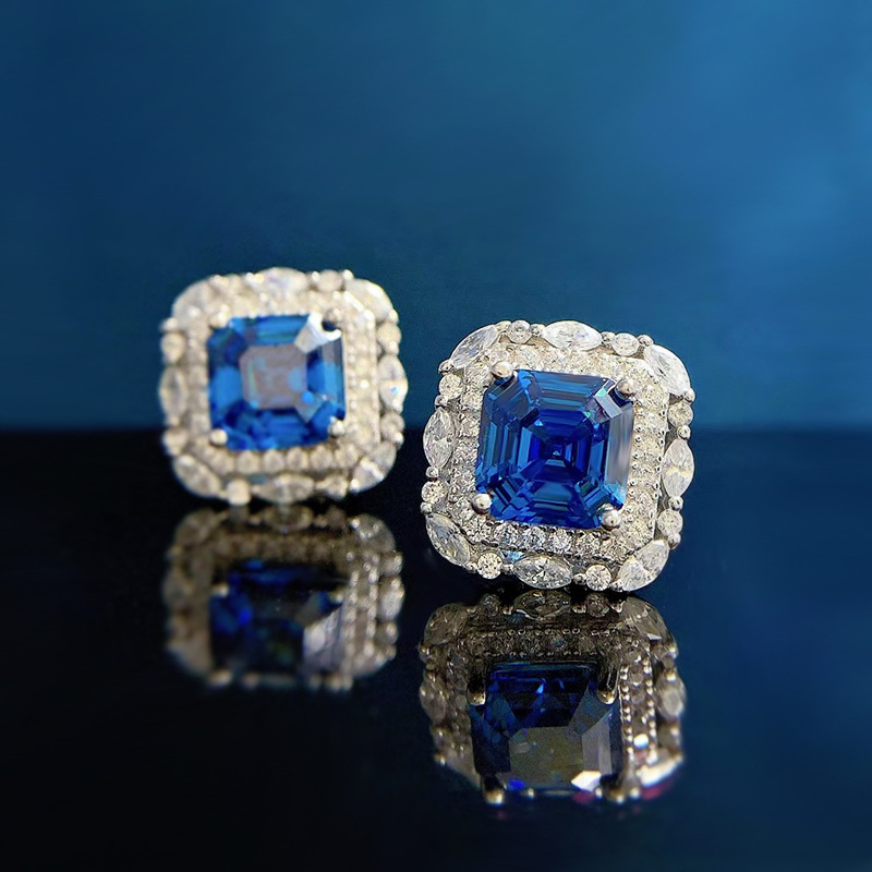 Square Pattern 1 Pair 925 Sterling Silver Zircon Square Ear Studs