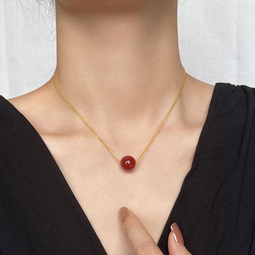Red agate transfer bead necklace for women titanium steel plated 18k gold red bean acacia clavicle chain red bean pendant same style as internet celebrity