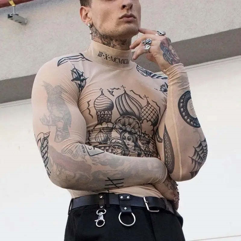 European and American Men's Fashion Brand Tops, Men's Long-Sleeved T-Shirts, Men's Elastic Tight-Fitting Fitness Clothes, High-Neck Men's Base Layer Shirts
