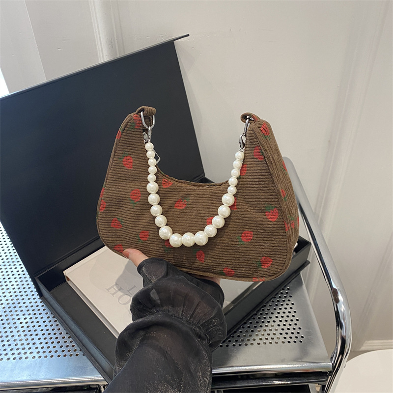 french fashion pearl chain underarm bag cute strawberry printed shoulder bag all-matching corduroy dumpling making