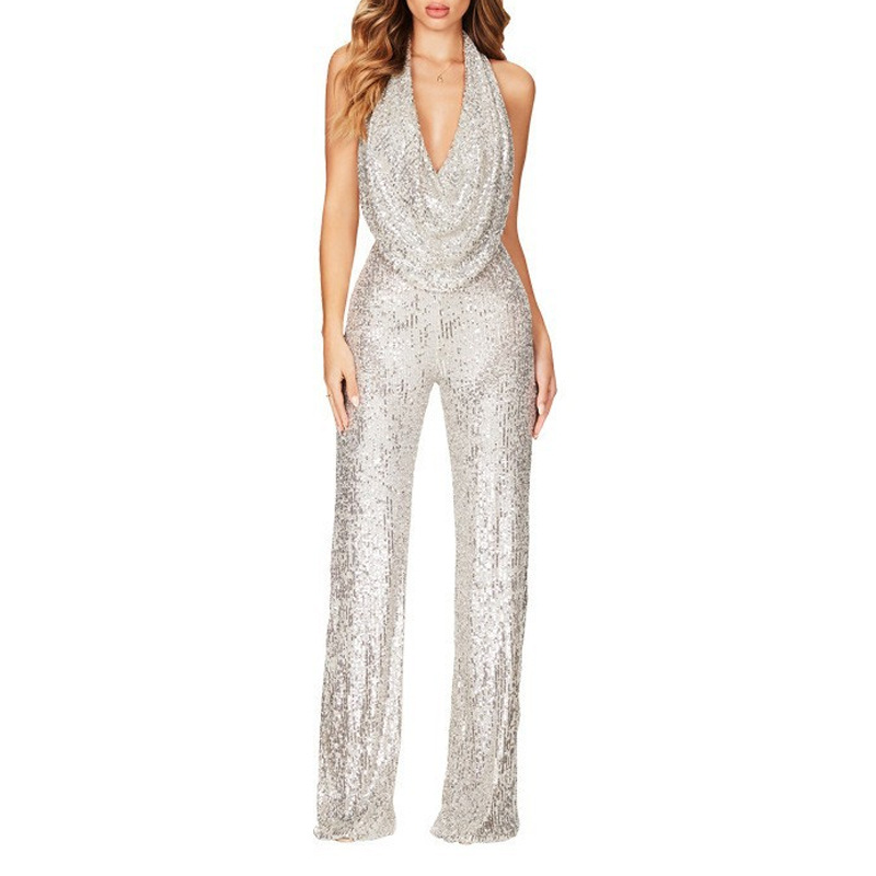 Spot europeo y americano nuevo estilo Amazon 2025 verano transfronterizo mono sin mangas halter lentejuelas mono mujer