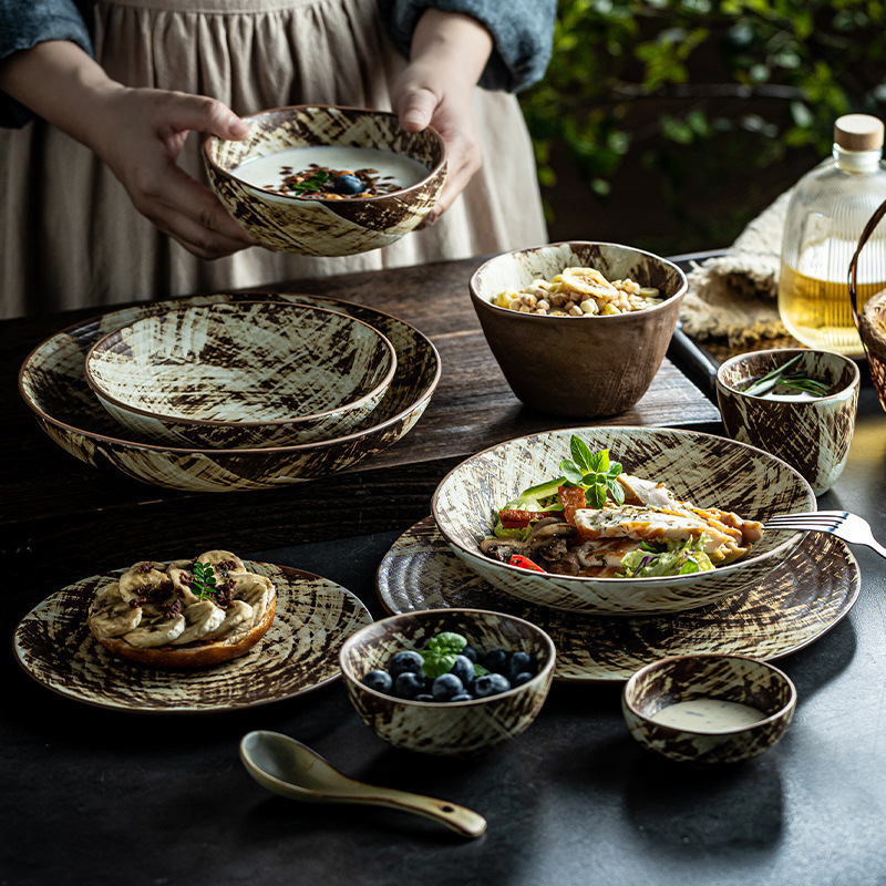 Ceramic Hand-Painted Japanese Wabi-Sabi Style Rustic Pottery Bowl, Plate, Dish, and Cup Set, High Aesthetic Value Rice Bowl and Dish Set Tableware
