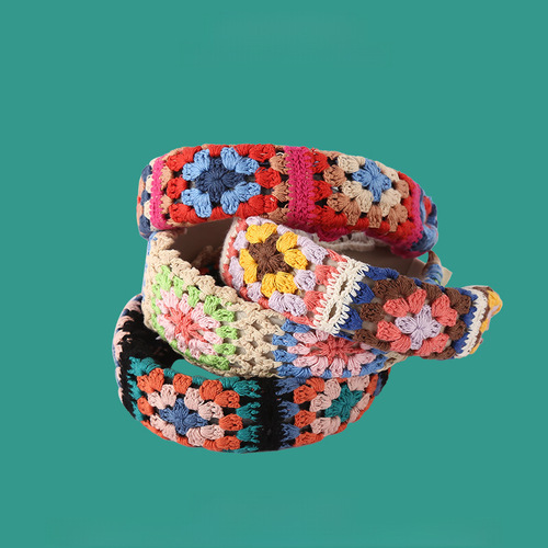 Vintage ethnic style handmade knitted headband, trendy version hair accessory, colorful pattern wide edge hair clip