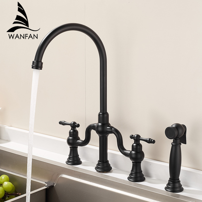 French-Style Vintage Rotatable Kitchen Faucet with Dual Handles, Hot and Cold Water Faucet with Spray Gun, Four-Hole Sink Faucet