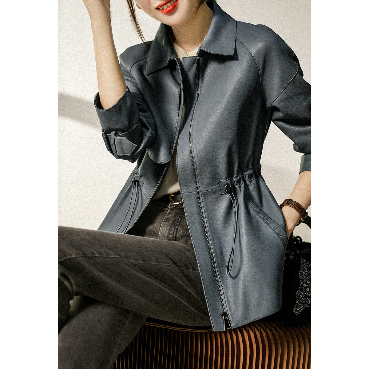 High-End Gray Leather Jacket for Women, 2026 Spring and Autumn New Fashion Mid-Length Hong Kong Style Biker Jacket