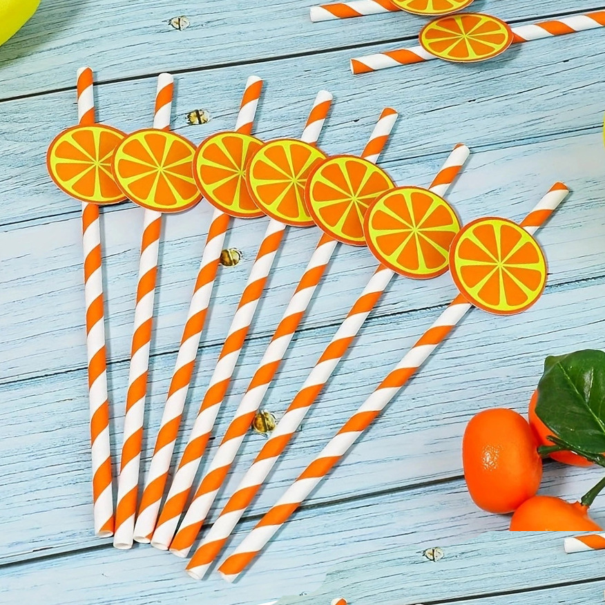 Fábrica en stock al por mayor fiesta creativa paja decoración serie de frutas con tarjeta naranja paja de papel creativo