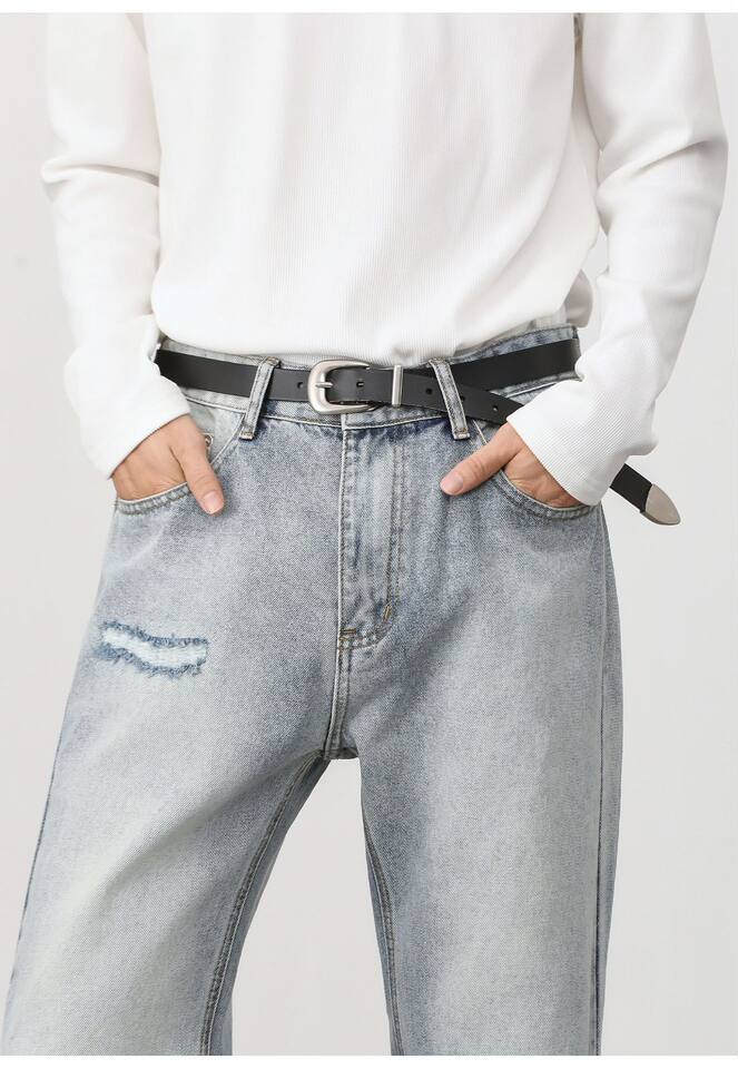 Quần jean nam ống loe nhẹ rách gối phong cách retro, dáng rộng ống suông tôn dáng, quần dài casual — Xanh nhạt, Xanh đậm chi tiết 37