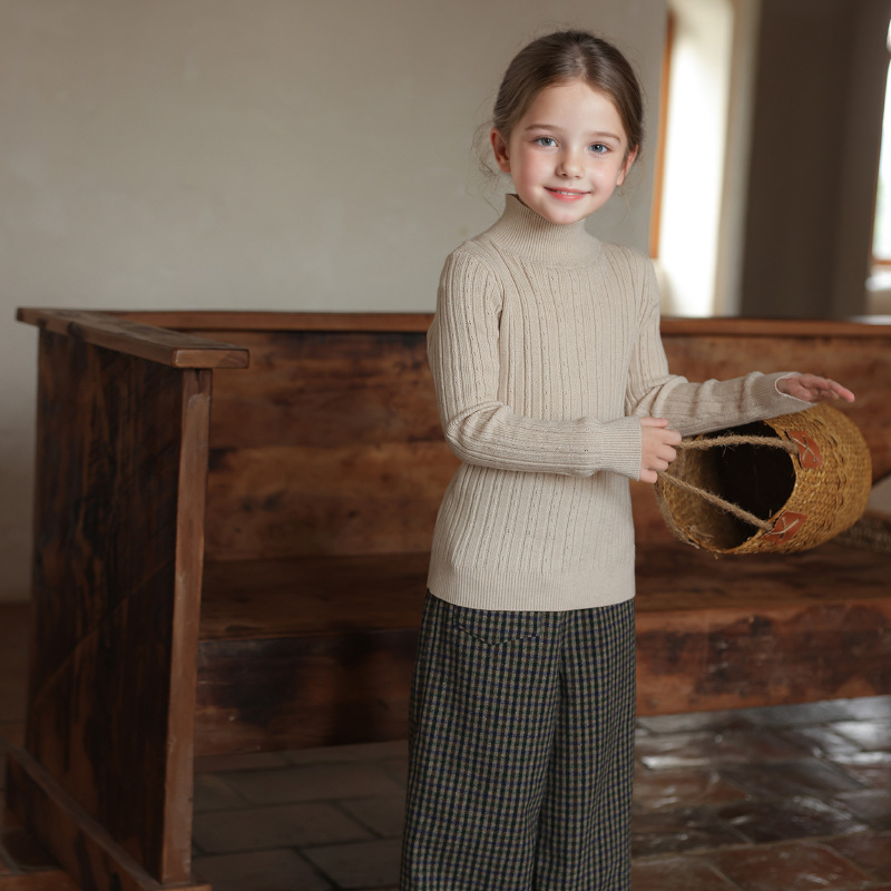 Suéter infantil, camiseta de punto, otoño y invierno, niñas y niños, cuello medio alto, bebé, camiseta de punto de fondo de color sólido, niños y niños