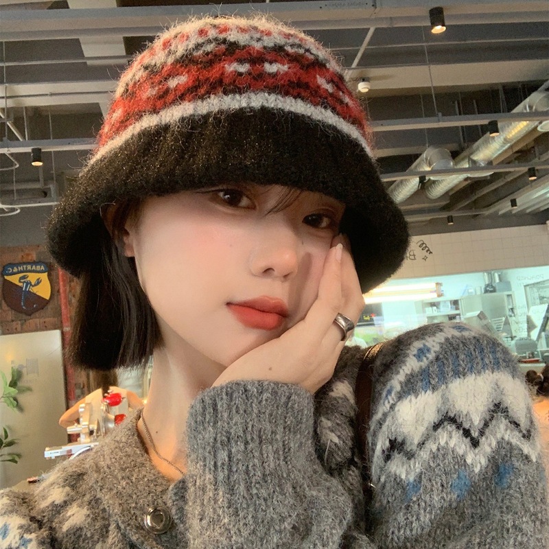 费尔岛风针织撞色渔夫帽子女2025新款秋冬显脸小加厚保暖毛线盆帽|undefined