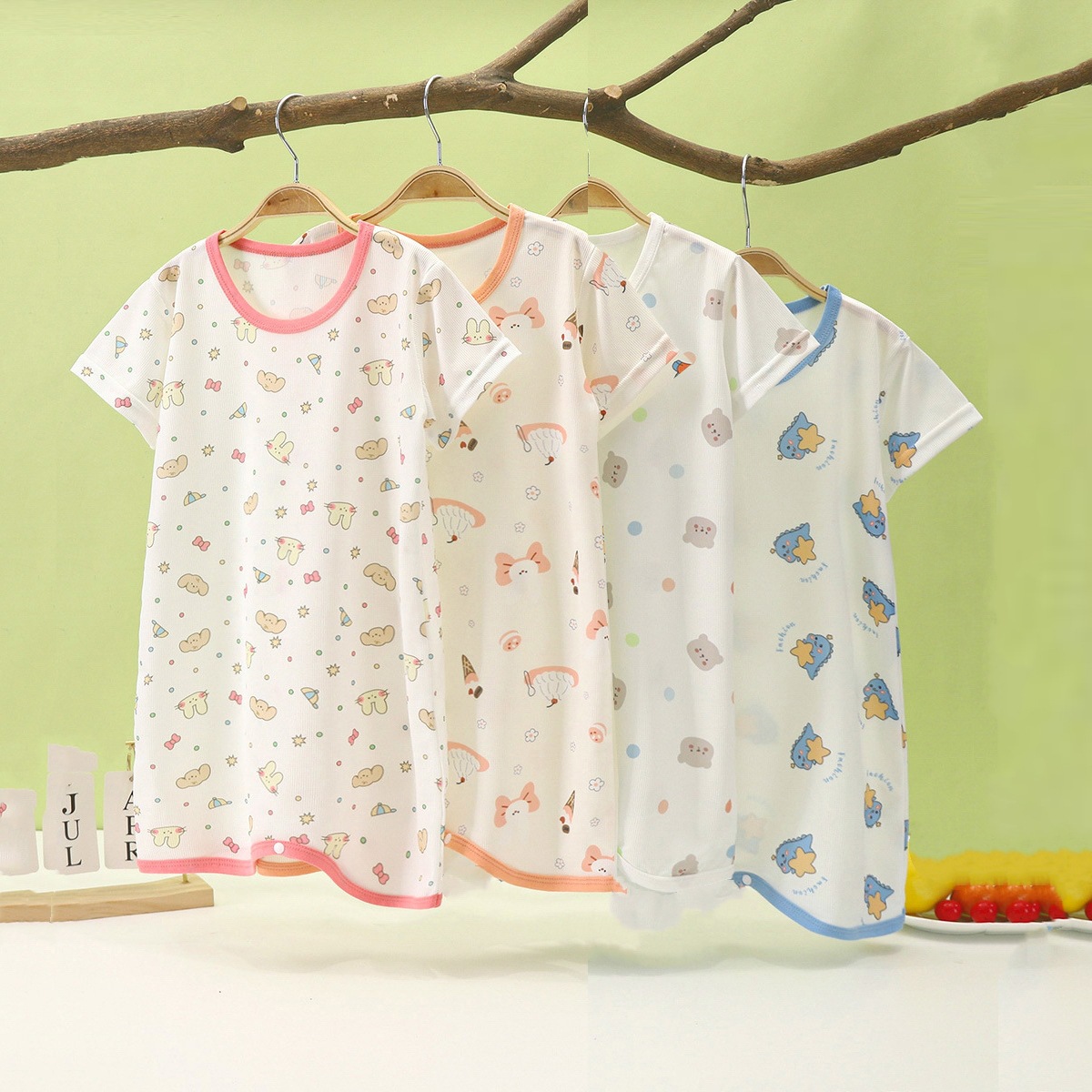 Baby Pajamas, Baby Nightgown, Thin Ice Silk Kidsren's Nightgown, Toddler One-Piece Kidsren's Anti-Kick Belly Protection Home Clothes Summer