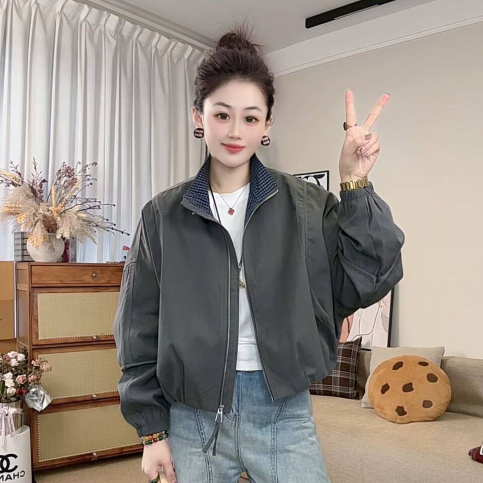 Áo khoác bóng chày nữ dáng ngắn rộng rãi phong cách casual, dài tay cổ bẻ khóa kéo — Màu xám đậm, Xanh kaki, Xanh khói, màu đen chi tiết 8