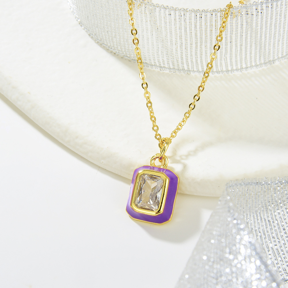 Copper Chain Material Copper Inlay Square Rhinestones Pendant Necklace