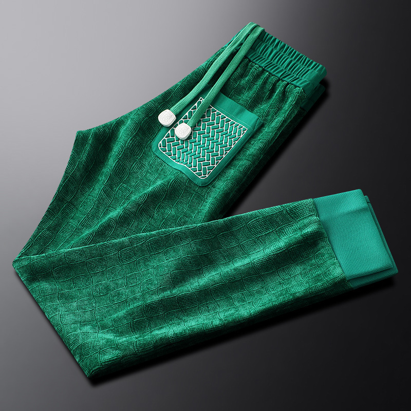 Autumn and Winter Green Pocket Zipper Casual Pants Men's Soft Stretch European Cotton Velvet Men's Leggings Plaid Pants