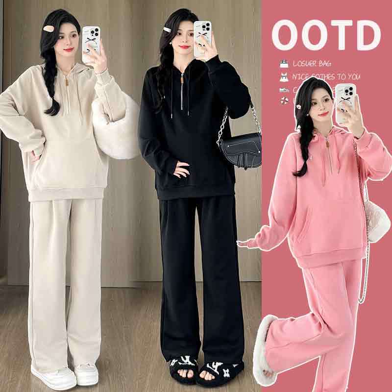 2025 Maternity Wear New Autumn Loose Hooded Zipper Sweatshirt Comfortable Casual Sweatshirt t Two-Piece Set