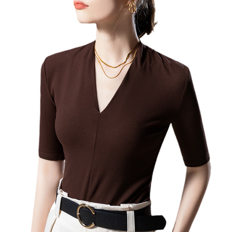 Medium-sleeved T-shirt Women's New Women's Clothing Solid Color Threaded Half-sleeved T-shirt Temperament Deep V-neck Waist Top Short Sleeve_ecoleips.com