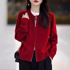 ファッションの洋風の丸首の双ファスナーのセーターの上着の女性の秋冬の新型の韓国版のゆったりしている気質の百合のニットのカーディガン