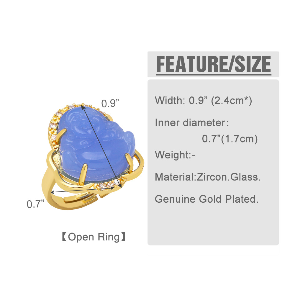 Chinoiserie Buddha Copper Open Ring Plating Glass Copper Rings