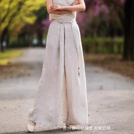 2025夏季薄款亚麻直筒裤松紧腰纯色文艺透气流苏盘扣长裤休闲裤女