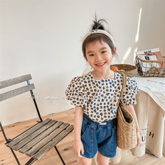 2024 Children's Summer New Items Girls' Summer Wear Korean Style Washed Cotton Bubblesleeve Short Sleeve
