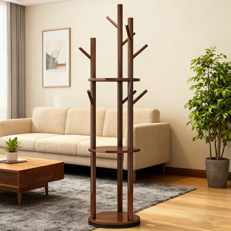 Rotating Coat Rack Floor-Standing Clothes Rack Vertical Clothes Storage Rack Living Room Home Bedroom Light Luxury Solid Wood Hanger