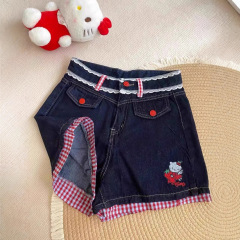 スポーツにも万能で履きやすい！アメリカンチェック柄ステッチ猫刺繍デニムショートパンツ夏軽量ホットパンツ