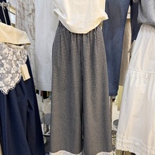 韩版秋季新款宽松高腰橡筋设计拼接花边通勤休闲百搭格子阔腿长裤