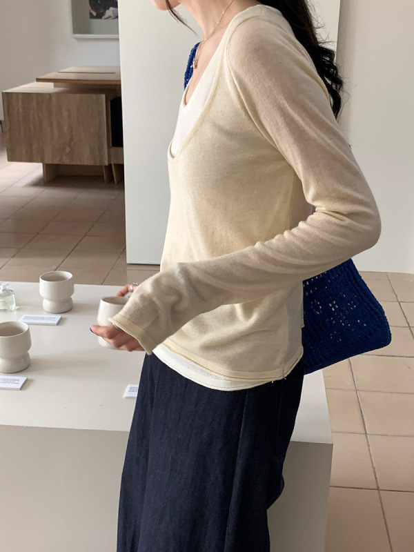 撞色假两件长袖针织衫女秋季广州十三行新款韩系慵懒休闲t恤上衣|undefined