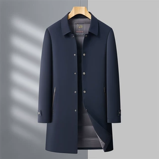 冬季中长款翻领羽绒服风衣男中年爸爸装商务行政加厚保暖鸭绒外套