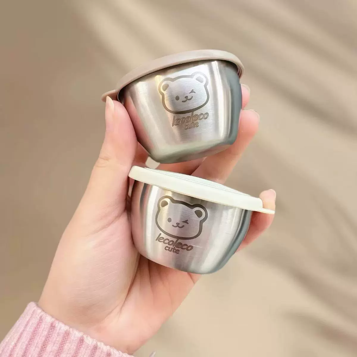 Мини-портативная чашка для соуса, коробка для приправ, тарелка с мультяшным медведем и крышкой, чашка для томатного салата, чашка для соуса из нержавеющей стали 304