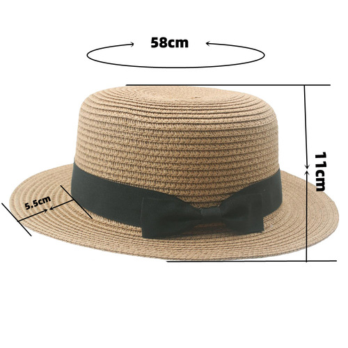 Summer Korean style straw hat, trendy female British fresh top hat, small pepper bow flat top sunshade beach hat