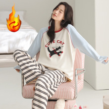 羊毛绒睡衣女冬季长袖套头加厚加绒双口袋家居服套装网红风