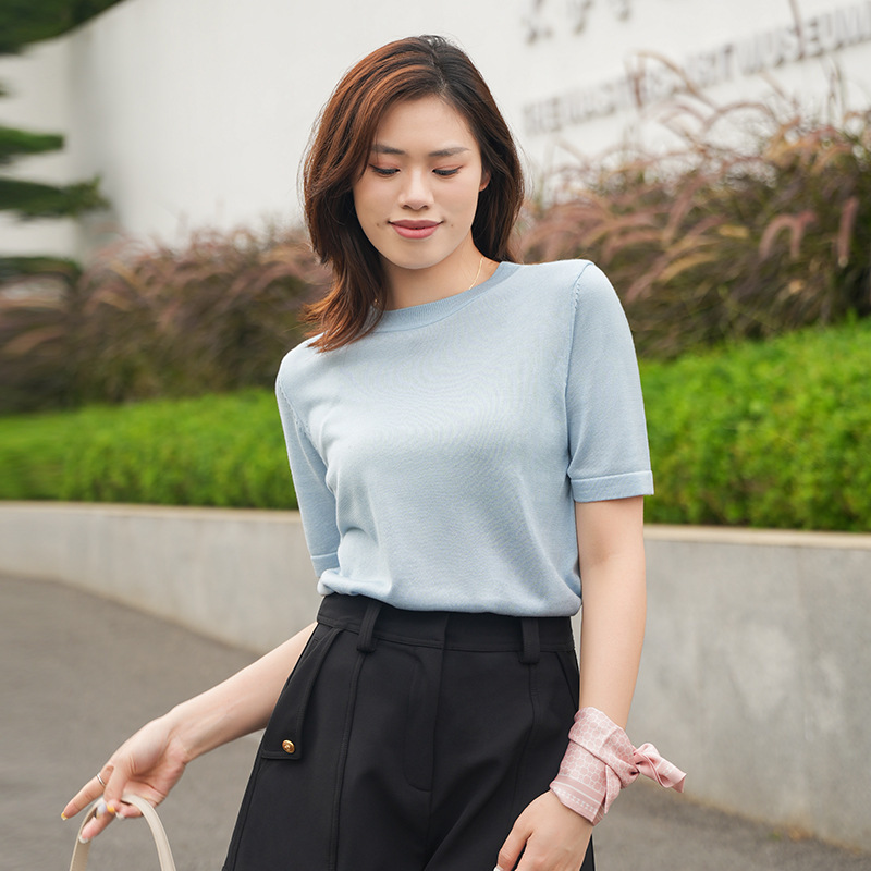 Solid Color Knitwear for Women Laisel Tencel Pullover Round Neck Top with Bottoming Knitwear 2025 Summer New Style