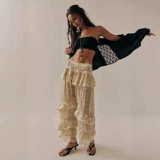 亚马逊2025新款欧美重工蕾丝拼接宽松潮流辣妹低腰百搭长裤