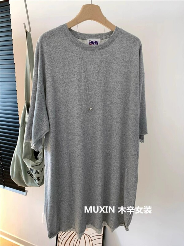 韩版女装麻感棉毛边宽松中长款夏季薄款纯色复古T恤连衣裙短袖ins|undefined