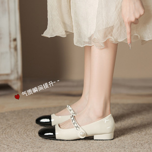 2024 New Glossy Square Toe Small Leather Shoes Women's Silver Thick Heel Medium Heel Single Shoes French Color Block Pearl Mary Jane Shoes