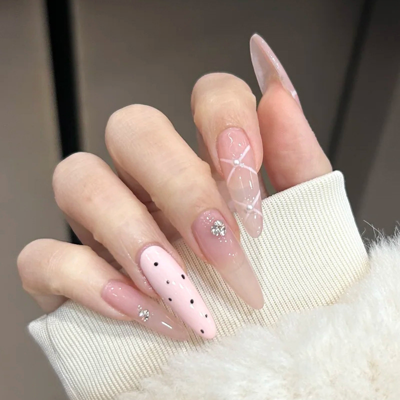 10-Piece Set of Long Nude Pink Plaid Rhinestone-Embellished Wearable Nail Stickers with Rhinestones, Pre-Made Manicure 10-Piece Set of Long Nude Pink Plaid Rhinestone-Embellished Wearable Nail Stickers with Rhinestones, Pre-Made Manicure