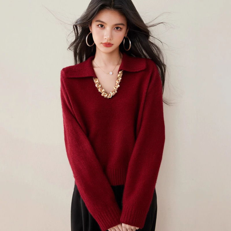 R3942 Commuter Wear Dark Red V-Neck Sequin Knitwear Women's Spring, Autumn and Winter High-end Super-looking Sweater