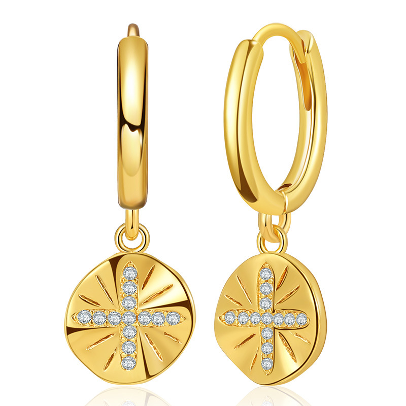 Copper Plated 18k Gold Small Disc Pendant Earrings Cross Creative Design Sense Micro-inlaid Zircon Earrings display picture 2