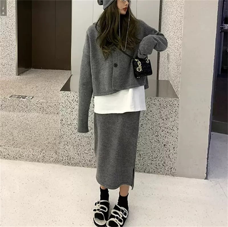 针织毛衣套装裙女2023秋冬新款连帽开衫外套高腰半身裙时尚两件套