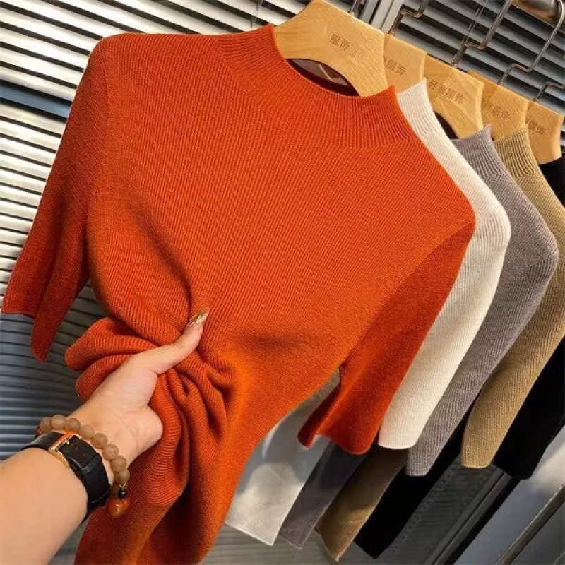 Spring and Autumn Thin Half-high Collar Base Shirt Women's Half-sleeve Sweater New Half-sleeve Slim-fit Western-style Mid-sleeve Inner Top
