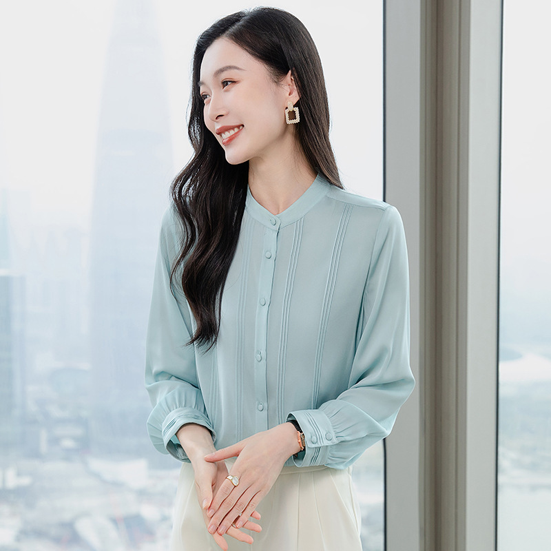 Spring and Autumn New Style Solid Color Pleated Design Round Neck Silk Shirt, Versatile and Elegant Women's Top Spring and Autumn New Style Solid Color Pleated Design Round Neck Silk Shirt, Versatile and Elegant Women's Top