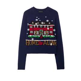 ZR女装  欧美风2025冬季新品圣诞屋图案圆领套头休闲百搭针织毛衣