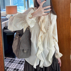 棉系带荷叶边长袖衬衫设计感花瓣袖早秋气质小众法式上衣女