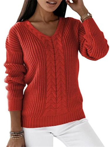 Women's Long-Sleeve V-Neck Solid Color Crochet Casual Knit Turtleneck Sweater