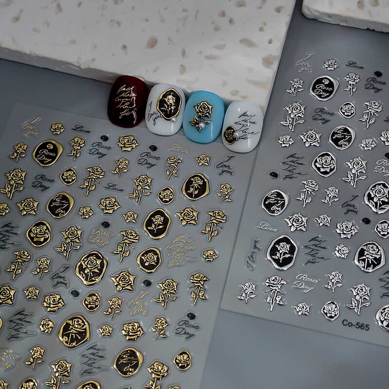 Professional Nail Art, Electroplated Gold Rose, 3D Stamping Metal Rose Flower Nail Stickers, Decorative Stickers
