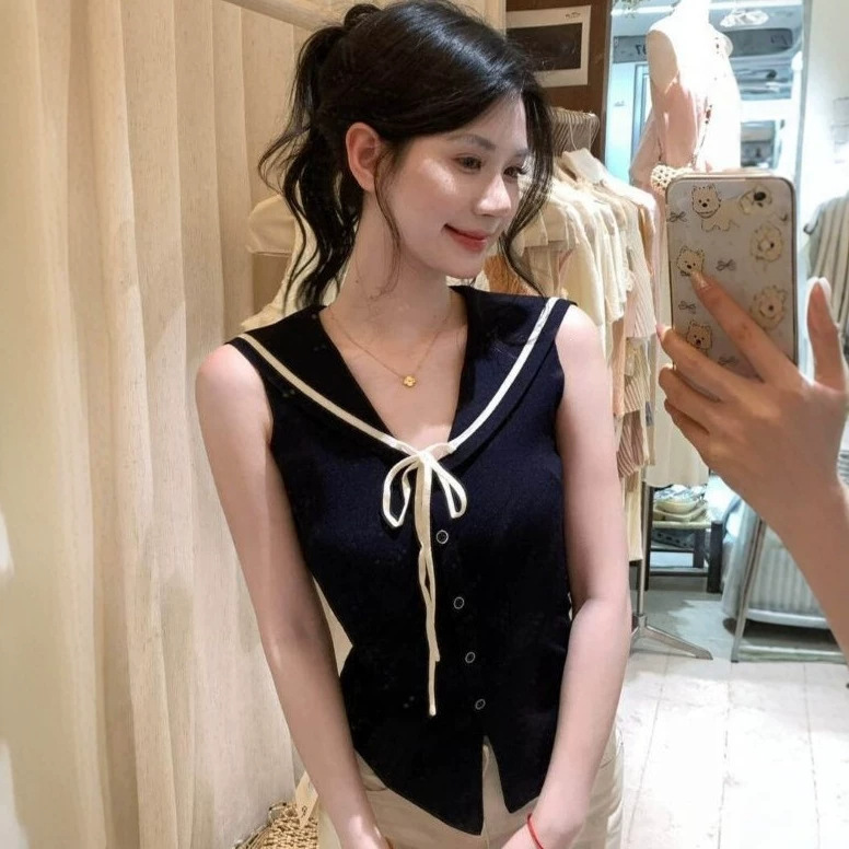 Korean-Style Navy Collar Short-Sleeved Knitted Vest for Women, New Summer Style, Slim Fit, Fashionable, Versatile, Beautiful Sleeveless Top