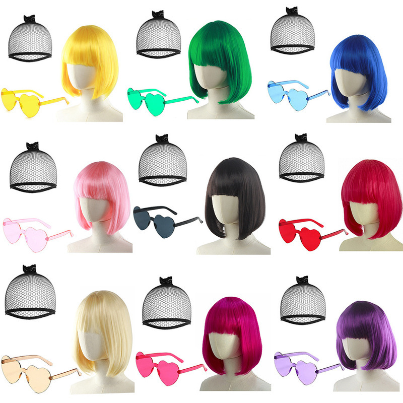 Bob Wig Female Short Hair Bob Colorfulful Bangs Bobo Short Hair Cos Student Hair Neon Glasses Wig