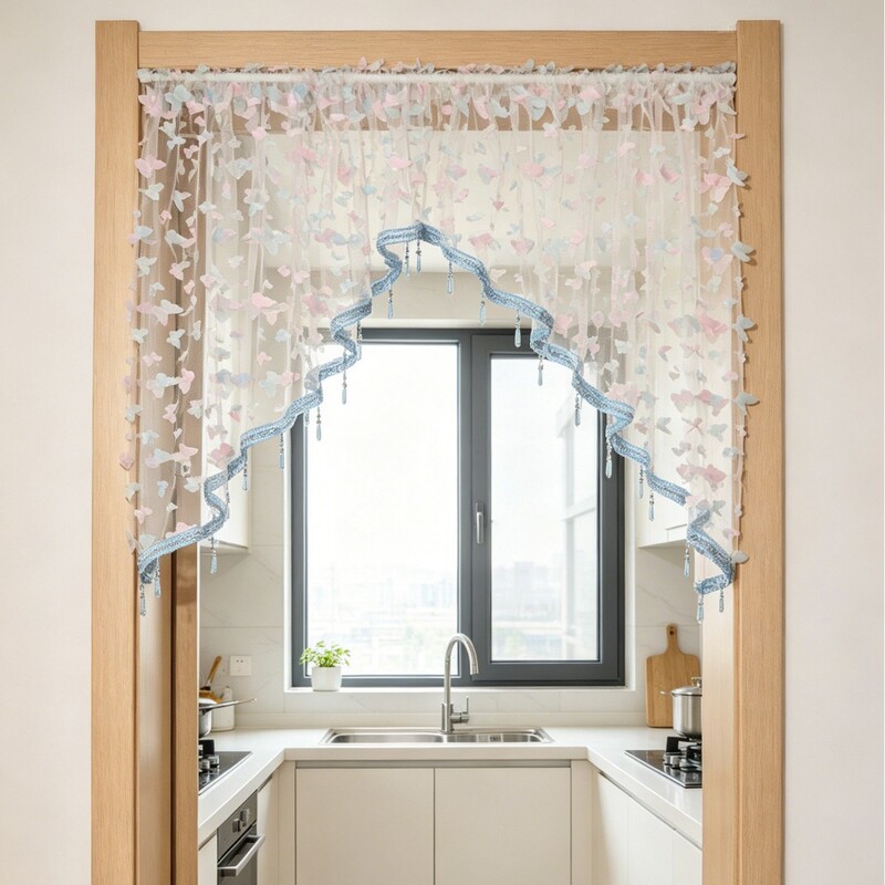 French-Style Half-Curtain, Vintage American-Style Partition Curtain, White Lace Embroidered with Crystal Tassels, No-Drill Arch Door Curtain French-Style Half-Curtain, Vintage American-Style Partition Curtain, White Lace Embroidered with Crystal Tassels, No-Drill Arch Door Curtain