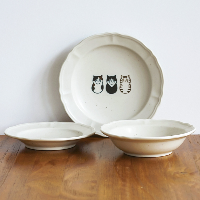 Japan Imported Sanfu Cat Series Tableware Lace Plate Japanese Cat Thick Soup Bowl Matte Ceramic Multi-Purpose Dinner Plate
